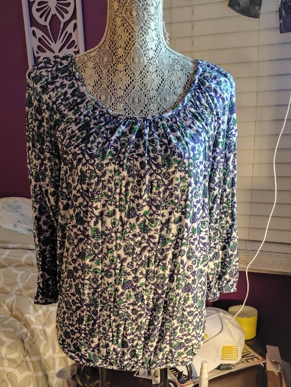 Michael Kors Floral Scoop-Neck Women's Blouse in White, Navy & Green